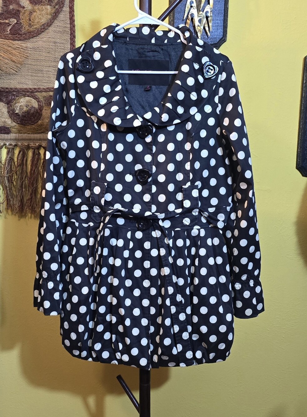 Betsey Johnson Black & White Polka Dot Trench Coat Sz L